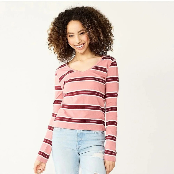SO | Essential V-Neck Long Sleeve T-Shirt in Pink Stripe sz Various - Picture 10 of 10